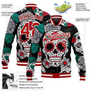 Veste universitaire pour homme, motif crâne vert, rouge et noir, personnalisable avec nom et numéro, impression par sublimation, tenue décontractée d'automne, coupe classique, col rabattu - Product Image 5