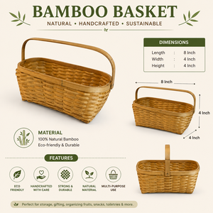 Cesta Rectangular de Bambú Tejida a Mano con Asa |   Cesta de Almacenamiento y Regalos Multiusos |   Cesta Organizadora de Bambú Hecha a Mano - Product Image 5