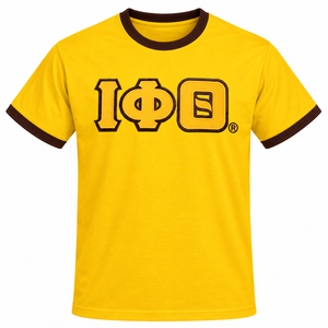 Iota-Phi-Theta Mens Yellow T Shirt Brown Trim Crew Neck Short Sleeve Greek Letter Embroidered Tee Casual Fraternity Apparel Top - Product Image 3