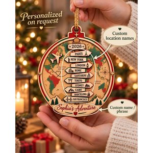 Ornement de Noël personnalisé avec carte du monde, nom des villes et année, carte du monde en bois, souvenir - Product Image 5