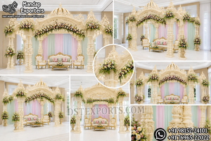 Achetez un magnifique mandap de mariage en or blanc de style romain pour les mariages hindous, un mandap à double poteau sur le thème du paon majestueux avec dôme. - Product Image 6