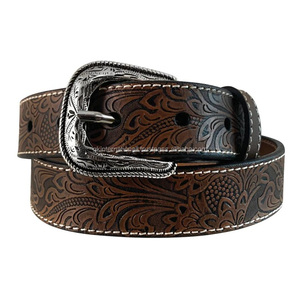 Classic Floral <b>Engraved</b> Genuine Western Leather <b>Tooling</b> Belt for Men and Women Designer Brass Pin Buckle Cowboy Belt - Product Image 1