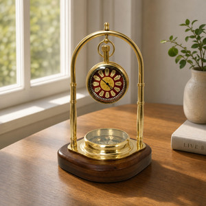 Premium Brass Desk <b>Clock</b> with Compass Wooden Base Vintage Antique Nautical Table <b>Clock</b> Decorative Home Office Timepiece - Product Image 6