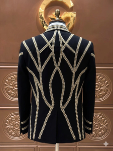 Men's Black Tuxedo <b>Suit</b> With Gold Embroidery Hand Stitched Single Breasted Notched Collar British Style Formal Wear - Product Image 4