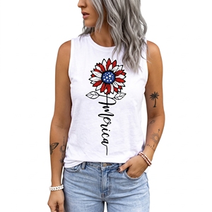 Débardeur en coton blanc pour femme, imprimé floral, col rond, décontracté, sans manches - Product Image 2
