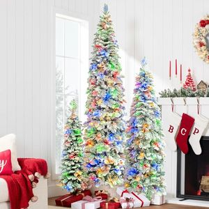 8FT <b>6FT</b> 4FT Pre-Lit Pencil Christmas <b>Trees</b> Set 3 Slim Fir <b>Trees</b> with 1370 PE Flocked Decoration for Xmas Holiday - Product Image 4