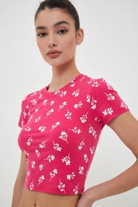 Women Floral Print <b>Crop</b> <b>Top</b> Short Sleeve O-Neck Slim Fit Casual Summer T-Shirt Breathable Knitted Polyester - Product Image 2