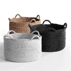 Ensemble de paniers de rangement en jonc de mer naturel tressé à la main pour l'organisation de la maison, panier rond décoratif tissé avec poignées pour le salon - Product Image 1