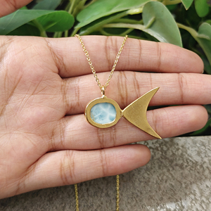 Unique Style Brass 18k Gold Plated Fish Shape Oval Cabochon Larimar Pendant Women's Chain Handmade Jewelry Gift Wedding - Product Image 4