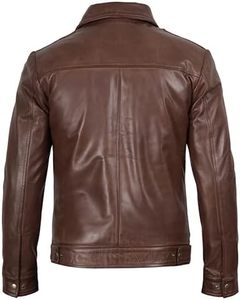 <b>Brown</b> <b>Leather</b> <b>Jacket</b> <b>Men</b> Zip Up Turn Down Collar Moto Biker Style Casual Outerwear Autumn Wear Regular Fit Cotton Lining - Product Image 2