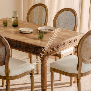 Luxury Handcrafted <b>Solid</b> <b>Wood</b> 6 Seater Dining <b>Table</b> Set Ornate Floral Carving Natural Finish Cane - Product Image 4