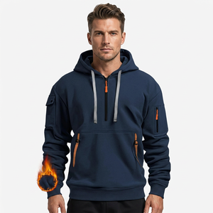 Sudadera con capucha azul marino para hombre, media cremallera, corte regular, algodón French Terry, diseño casual con bolsillos, para otoño, 320-580 GSM, ecológica, frontal - Product Image 4
