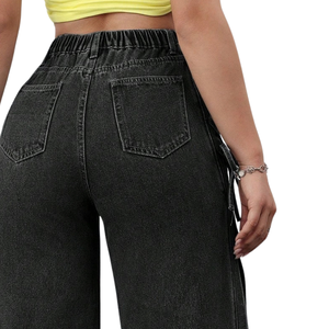 Jean en denim noir taille haute à jambe large pour femme, respirant, séchage rapide, délavé, style streetwear décontracté, coupe régulière, détail dentelle, longueur complète - Product Image 4