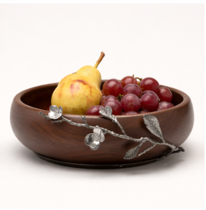 Tazón de servir de madera de mango de lujo hecho a mano con acento decorativo de rama de orquídea niquelada para decoración del hogar y centro de mesa - Product Image 1