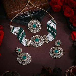 Ensemble de collier et boucles d'oreilles ethniques plaqués or avec pierre turquoise et perle d'imitation, bijoux de mariage pour femmes - Product Image 6