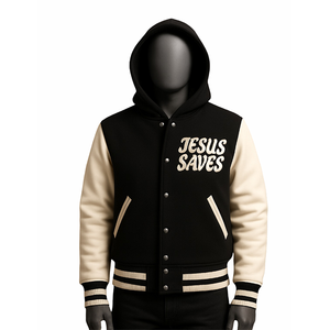 Blouson universitaire imperméable et écologique pour homme, style baseball, noir et beige, avec capuche, personnalisable, thème JESUS SAVES, style Letterman, motif religieux sur le devant - Product Image 3