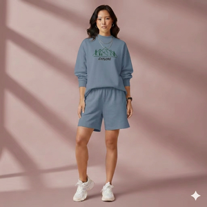 ชุดเซ็ตเสื้อคอเต่าและกางเกงขาสั้นสำหรับผู้หญิงรุ่นใหม่ล่าสุด ผลิตจากผ้าฝ้าย 100% ระบายอากาศได้ดี รับสกรีนโลโก้ตามแบบ บริการ OEM - Product Image 1