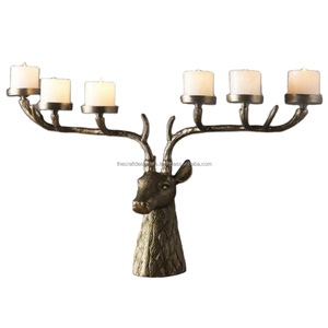 Bougeoir à 6 bras en fonte d'aluminium faite à la main Tête de cerf Showpiece Large Antler Christmas Candle Holder Gold Antique Finished - Product Image 1