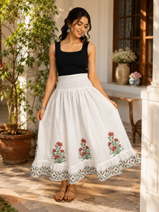 Falda Larga de Algodón al por Mayor con Cintura Elástica Fruncida y Volantes, Estampado Floral Bohemio, Estilo Jaipur, para Verano - Product Image 3