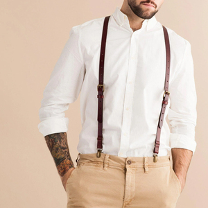 Premium Y-<b>Back</b> Suspenders For Men Adjustable Handcrafted Maroon <b>Braces</b> With Heavy Duty Metal Clips Brown Leather Suspenders - Product Image 1