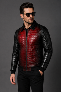 Veste en cuir pour homme à motif crocodile, rouge et noir, col chemise, coupe ajustée, en cuir véritable, vente en gros, OEM personnalisé - Product Image 6