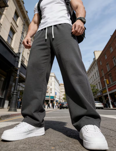 <b>Men's</b> Dark Grey Wide Leg Pants Elastic Waist Drawstring <b>Loose</b> Casual <b>Trousers</b> - Product Image 2