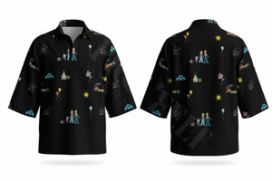 Camisas de Vestir con Estampado Familiar Personalizado, Diseño a Mano, Estilo de Dibujos Animados, Negras, Casuales, Holgadas, Largas, para Hombre, MOQ Bajo, OEM, ODM - Product Image 3