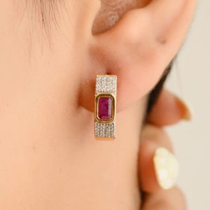14K <b>Solid</b> <b>Gold</b> <b>Huggie</b> Hoop Earrings with Ruby and VS1 Diamond - Product Image 1