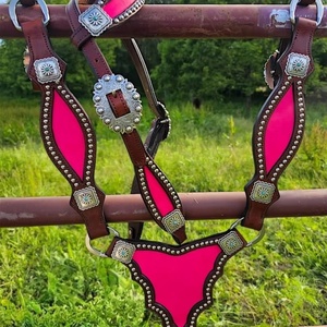 Ensemble d'équipement équestre en cuir rose pour selle anglaise, très vendu, avec têtière et plastron en cuir véritable léger, idéal pour l'équitation saisonnière - Product Image 1