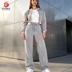 ชุดวอร์มสีเทาสำหรับผู้หญิง เสื้อแจ็คเก็ตซิปแขนยาว กางเกงวอร์มขายาวทรงหลวม ชุดลำลองสไตล์สปอร์ตสองชิ้น ทรงหลวม - Product Image 1
