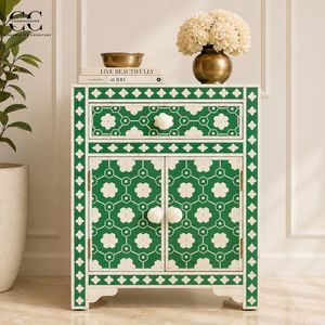 Bone Inlay Nightstand <b>Side</b> <b>Table</b> Accent Cabinet Green White Pattern Drawer <b>Storage</b> for Living Room Bedroom - Product Image 1