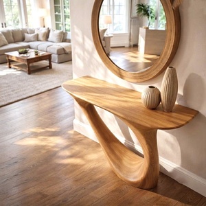 Meuble d'entrée moderne pour maison/hôtel, console en bois massif brun, base irrégulière en forme de vague, plateau noir artisanal - Product Image 6