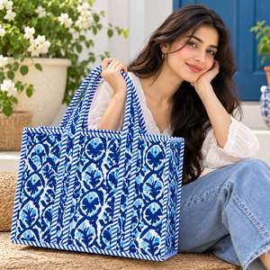 Panelled Tote <b>Bag</b> Blue <b>White</b> Stripe Trim Open Top Canvas Shopping All Seasons Preppy Style - Product Image 2