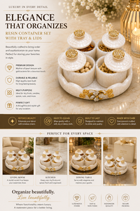 Ensemble de contenants de rangement alimentaire classiques en résine de luxe avec couvercles, compartimentés, hermétiques et anti-humidité, pour la table, la cuisine et les fêtes, blanc et or - Product Image 4