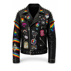 Men's Punk Style PU <b>Leather</b> Motorcycle <b>Jacket</b> Red Black Printed Rivet Zipper Turn-down Collar Slim Fit Autumn Wear - Product Image 5