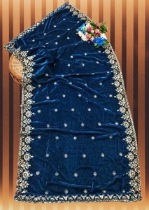 Luxury Light Blue Velvet Bridals Dupattas Heavy Gold Zari <b>Sequin</b> Embroidery Wedding Gifts Birthday <b>Shawls</b> Womens Traditional - Product Image 4