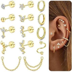 Pendientes de cartílago chapados en oro de 14K para mujer, con parte trasera plana, para piercing de hélice, concha, tragus, joyería individual de acero inoxidable. - Product Image 1