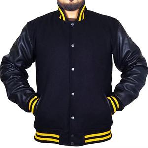 Dark varsity jacket with grey sleeves <b>mens</b> unisex baseball style button up rib trim custom logo option casual warm outerwear - Product Image 6