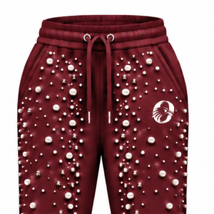 Maroon Pearl Beaded Jogger Pants <b>Women</b> Fashion Embellished Drawstring Sweatpants Luxury Casual Streetwear <b>Fleece</b> <b>Trousers</b> Custom - Product Image 3