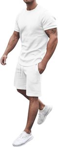 Conjunto de Camiseta y Pantalones Cortos de Algodón Blanco para Hombre, Cuello Redondo, Formal, Bordado, Transpirable, de Secado Rápido, para Verano, Tela No Tejida, Color Sólido - Product Image 1