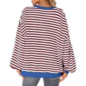 Sweat-shirt en molleton rayé bordeaux personnalisé pour femme, col en V décontracté, coupe ample, manches longues, pull décontracté - Product Image 2