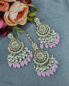Handcrafted Round Stone Heavy Choker Necklace With Earrings And Mangtika Traditional Ethnic Designer Fashion Jewellery Wholesale - Product Image 4