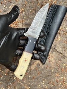 Handmade Industrial Grade Fixed <b>Blade</b> Damascus Steel Hunting & Camping <b>Knife</b> with Bone Handle Brass Pins & Leather Sheath OEM - Product Image 6