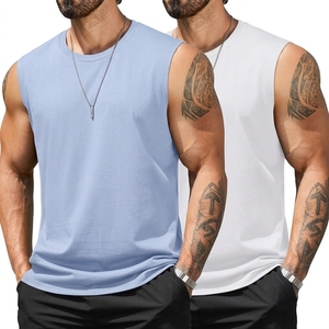 <b>Men's</b> Sleeveless O-Neck Tank Top Solid Color Breathable Cotton Casual Fitness <b>Vest</b> Light Blue <b>White</b> - Product Image 1