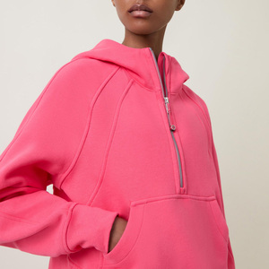 Sudadera con capucha rosa para mujer, al por mayor, de manga larga, color liso, con cremallera frontal, talla regular, para invierno, estilo casual oversize - Product Image 4