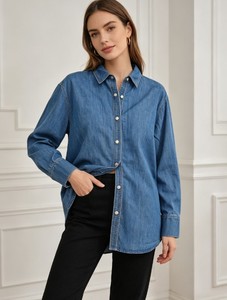 Camisa de Popelina de Algodón Azul Claro para Mujer, Talla Grande, con Botones, Manga Larga, Corte Holgado Informal, Color Sólido, Blusa Larga - Product Image 3