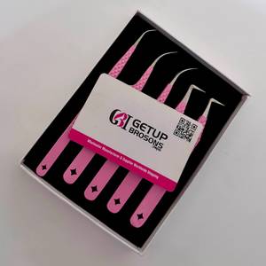 Ensemble de pinces à cils antistatiques en acier inoxydable, à pointe lisse et découpe personnalisée 90°/courbe, pour extensions de cils volume, avec boîte en carton blanc - Product Image 5