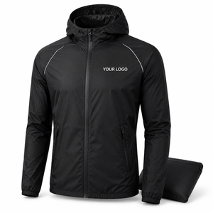 Veste coupe-vent à capuche pour homme avec fermeture éclair intégrale et poignets élastiques, noire unie, vêtement d'extérieur sportif, manteau léger pour la course à pied en automne - Product Image 3