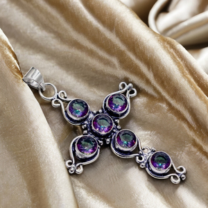 Colgante de Cruz de Plata de Ley 925 hecho a mano para mujer, conjunto de bisel de piedras preciosas de cuarzo místico arcoíris, joyería de moda de fiesta de estilo bohemio dorado - Product Image 1