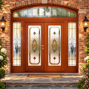 Puerta de madera residencial personalizada de doble entrada con paneles de vidrio tintado y travesaño arqueado para uso exterior GA-52 - Product Image 1